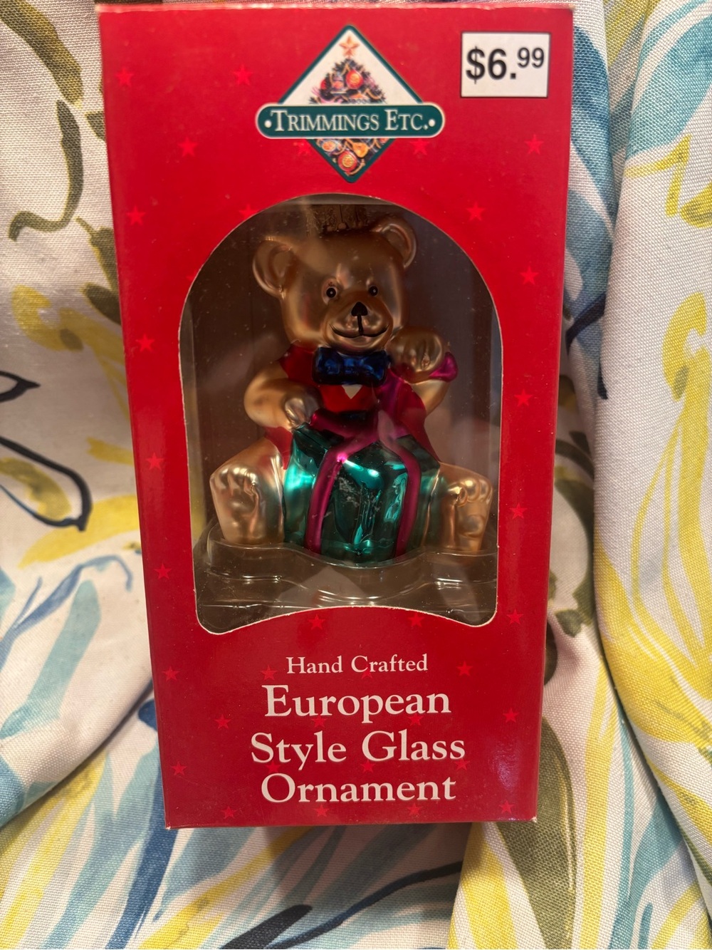 Vintage Gold Bear with Teal Gift Glass Ornament